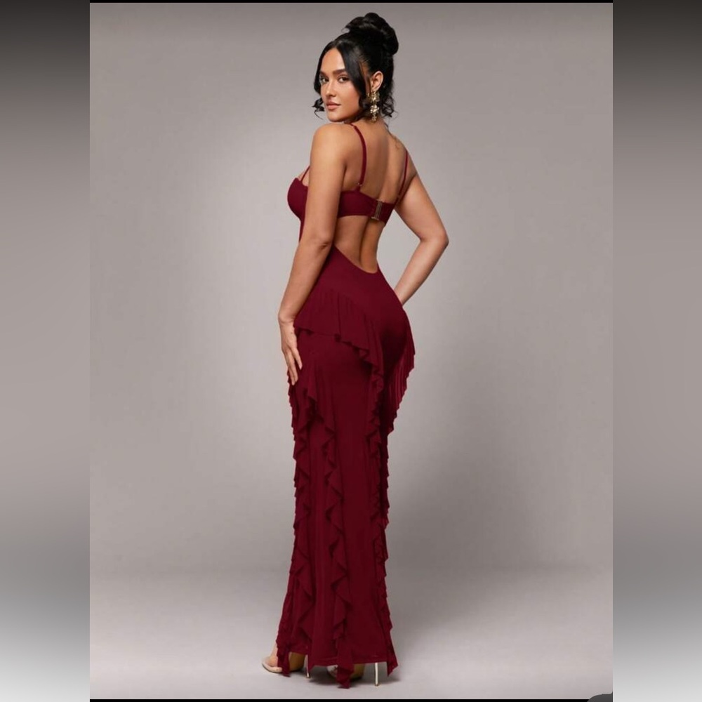 Burgund Ruffle Mermaid Maxi Dress Backless Spaghetti Strap Romantic Evening Gown - Picture 3 of 6